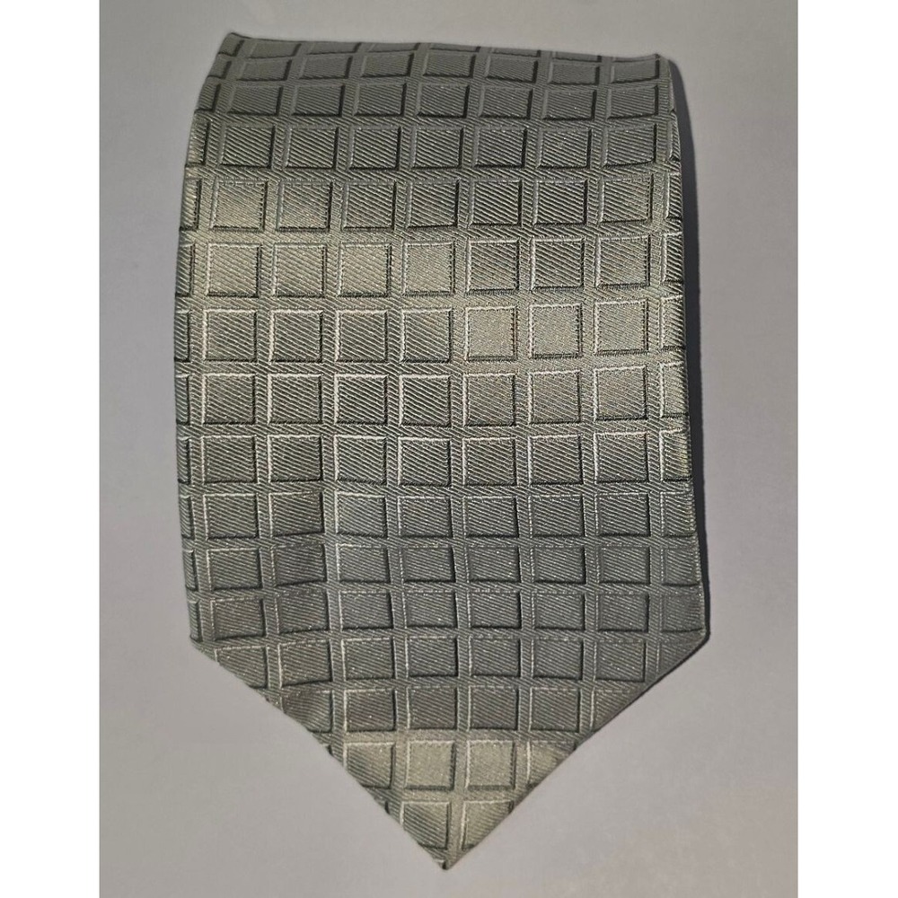 Vintage Pierre Cardin 100% Silk 90s Geometric Retro Tie Sage Green Grey 4" Wide - Picture 1 of 5